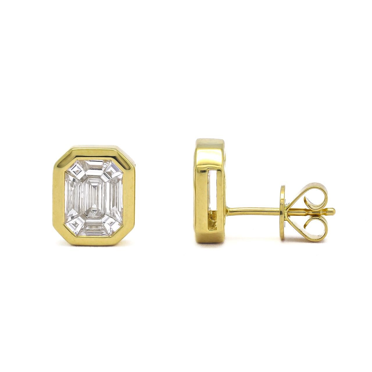 18K Yellow Gold Diamond Stud Earrings – 1.10 ct, Emerald Illusion Cut