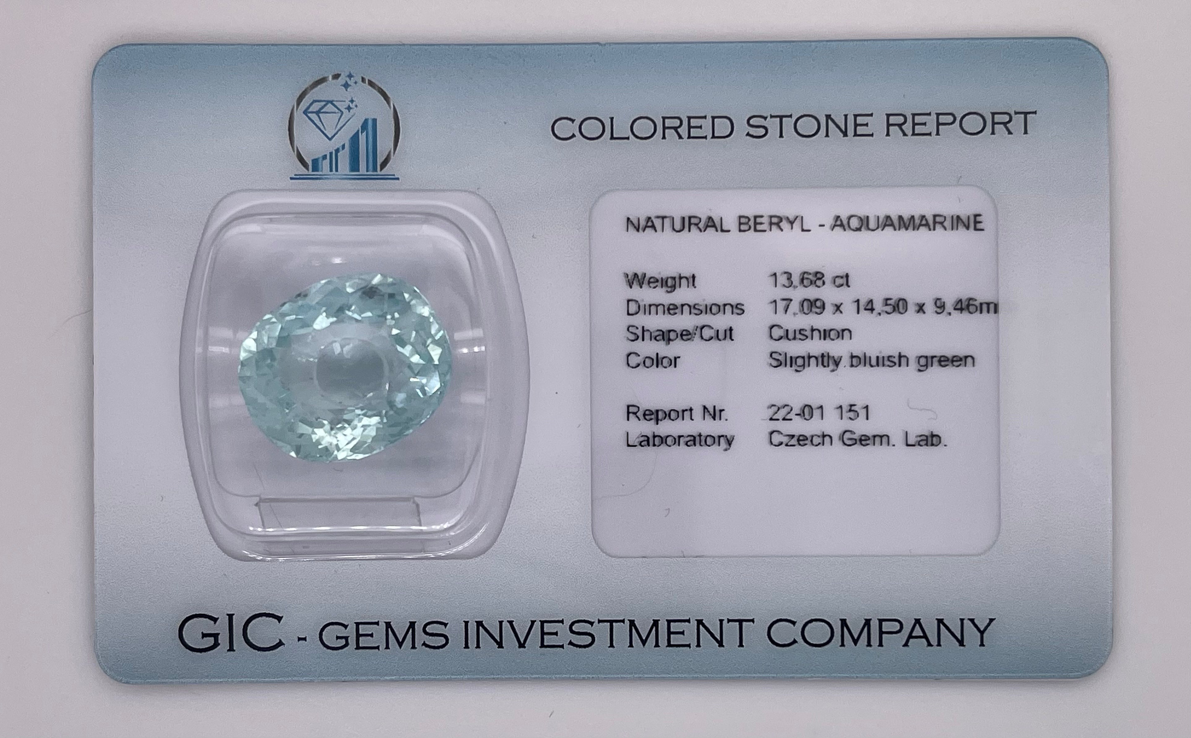 Natural aquamarine, 13.68 carats, cushion cut, IF clarity, untreated, slightly bluish green, ČGL certified