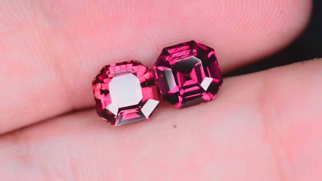 Natural umbalite garnets, 3.30 carats total, Asscher cut, VVS clarity, untreated, pink, matching pair