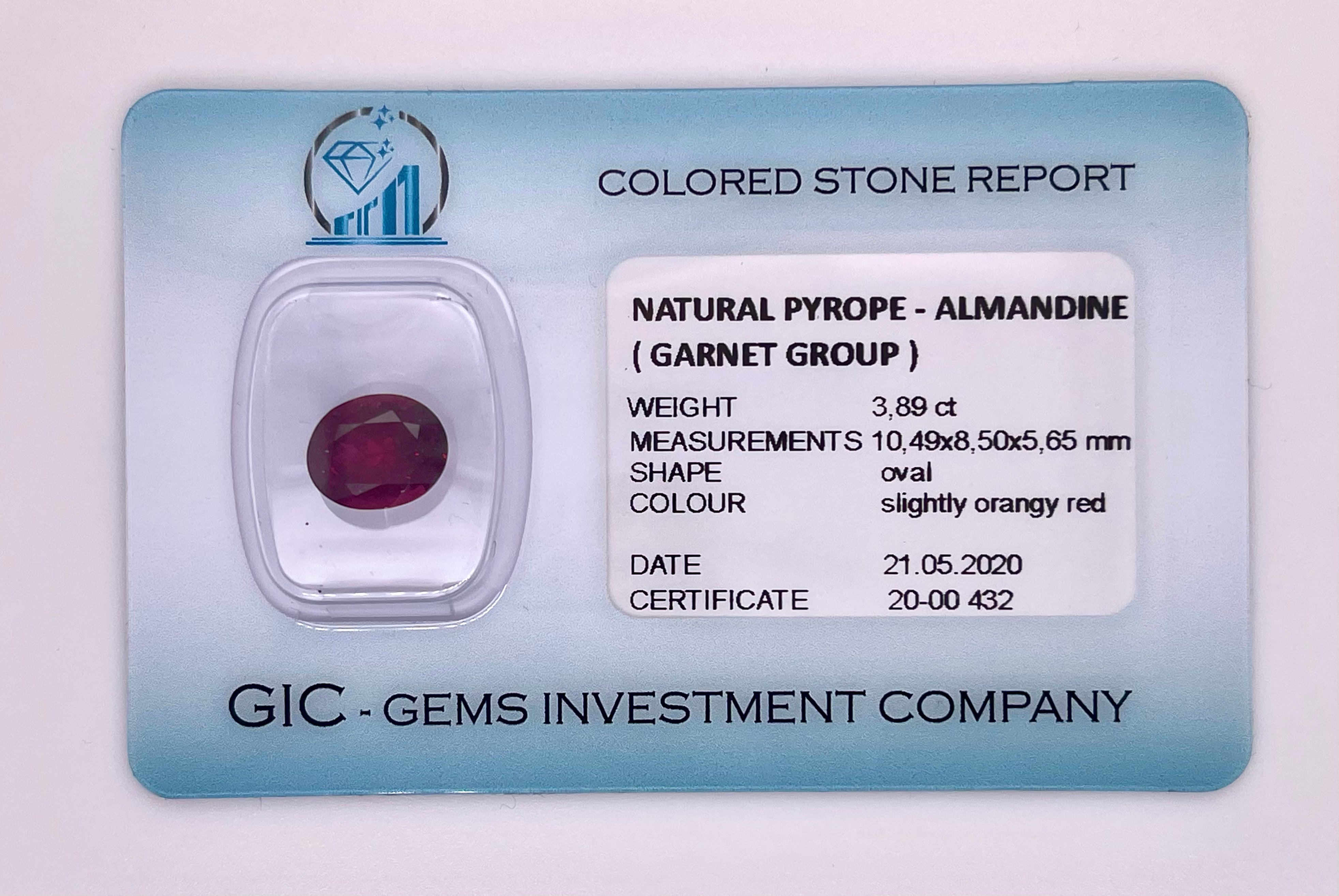 Natural Almandine Garnet 3.89 ct – Oval Cut, Untreated, ČGL Certified