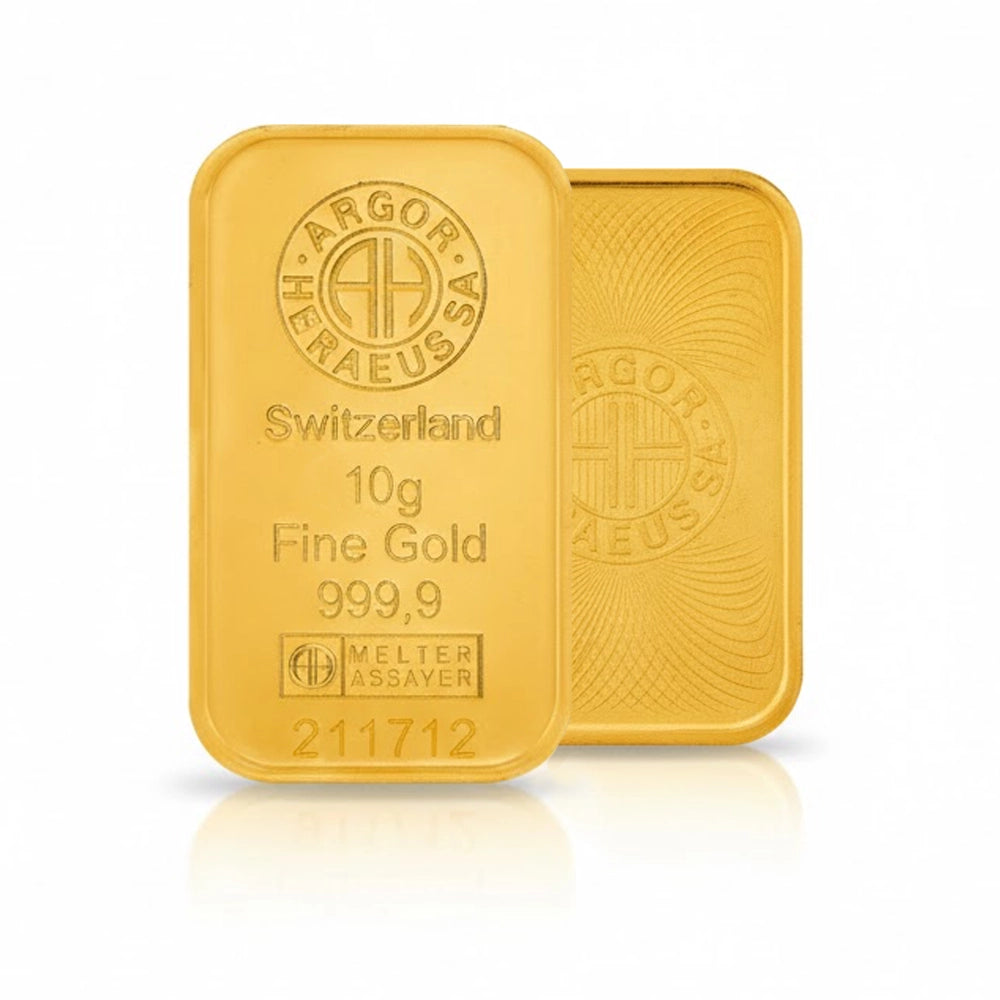 Investment gold bar 10 g Argor Heraeus front and back side