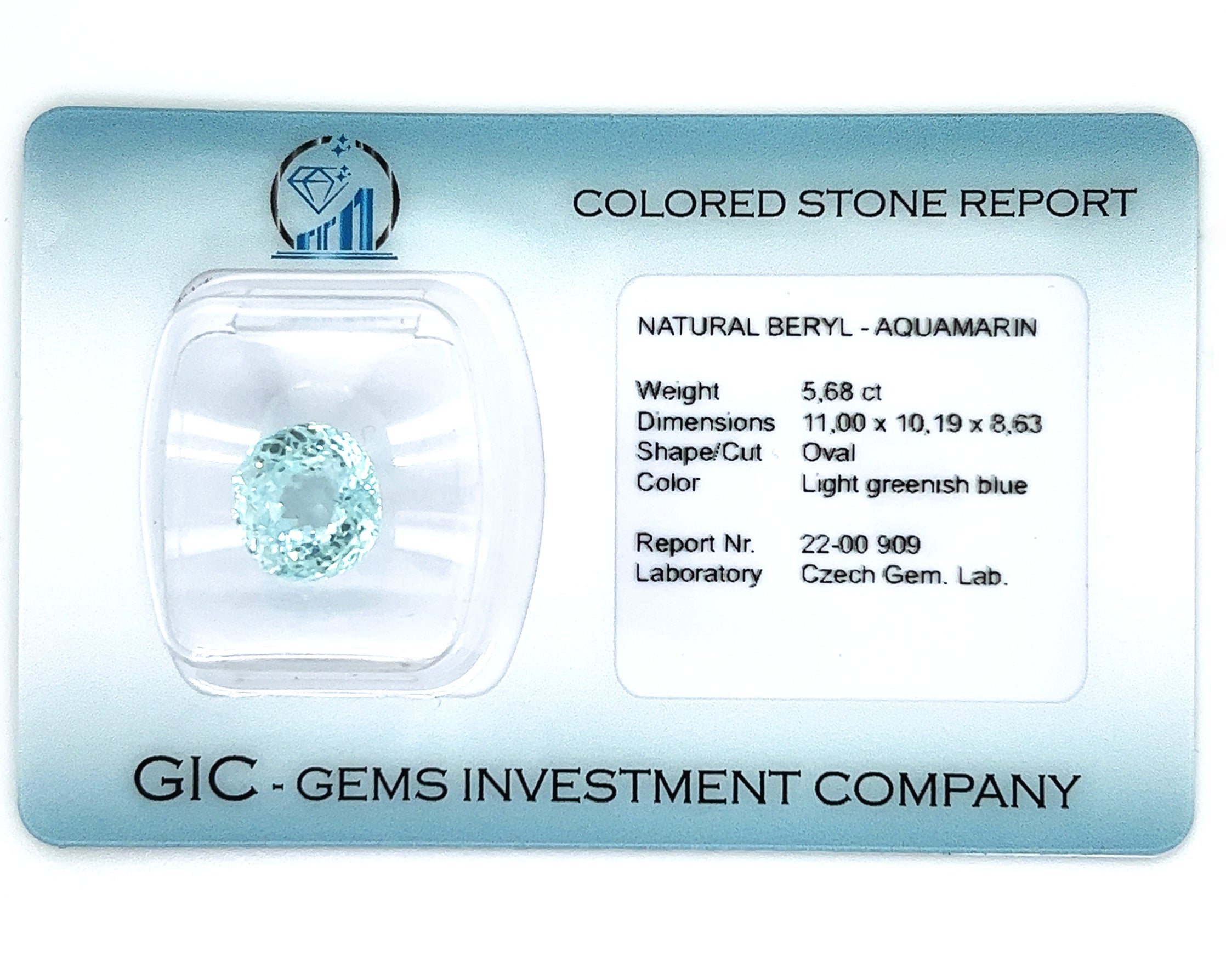 Natural Aquamarine 5.68 ct – Oval Cut, Untreated, ČGL Certified