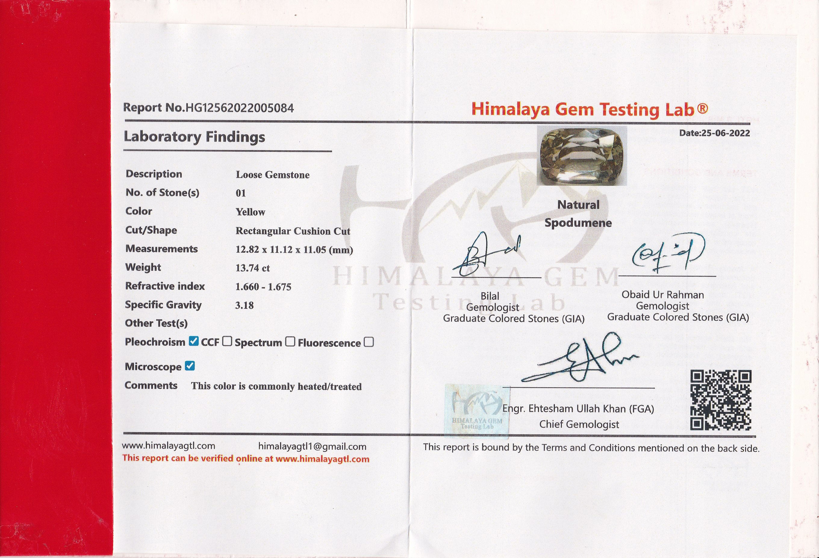 Spodumene 13.74 ct – Light Yellow, Cushion Cut, HGTL Certified