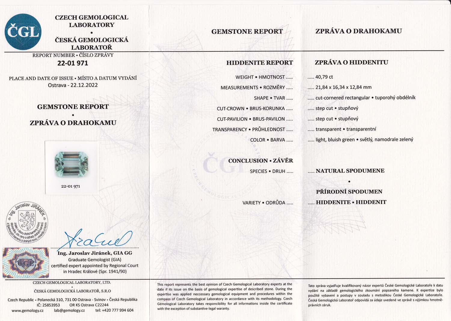 Spodumene 40.79 ct – Light Bluish Green Spodumene (Octagonal, Untreated, ČGL Certified)