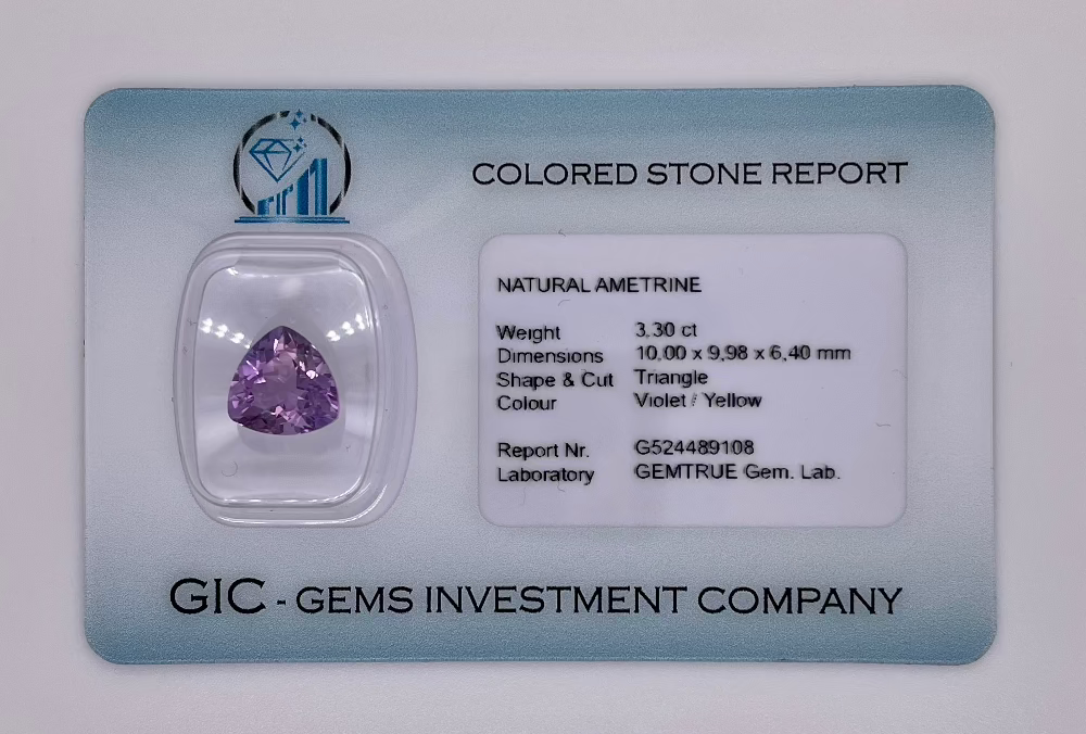 Natural Ametrine 3.30 carats, triangle cut, violet and yellow bi-color gemstone, untreated, GEMTRUE certified