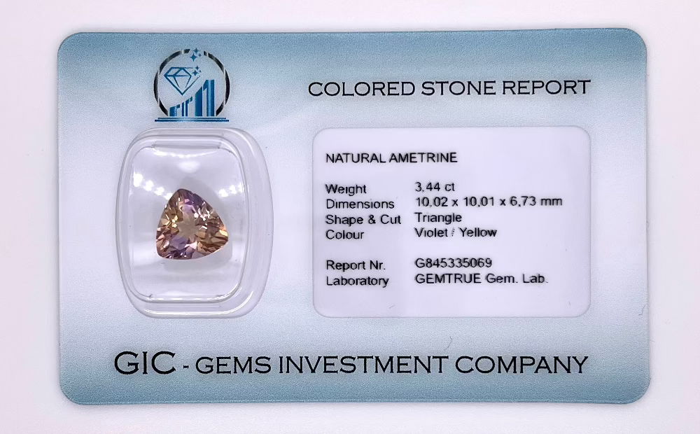 Natural Ametrine 3.44 carats, triangle cut, light violet and yellow bi-color gemstone, untreated, GEMTRUE certified